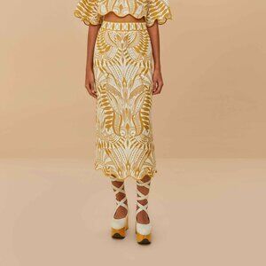 FARM Rio Off-White Lace Nature Euroflax™ Premium Linen Midi Skirt